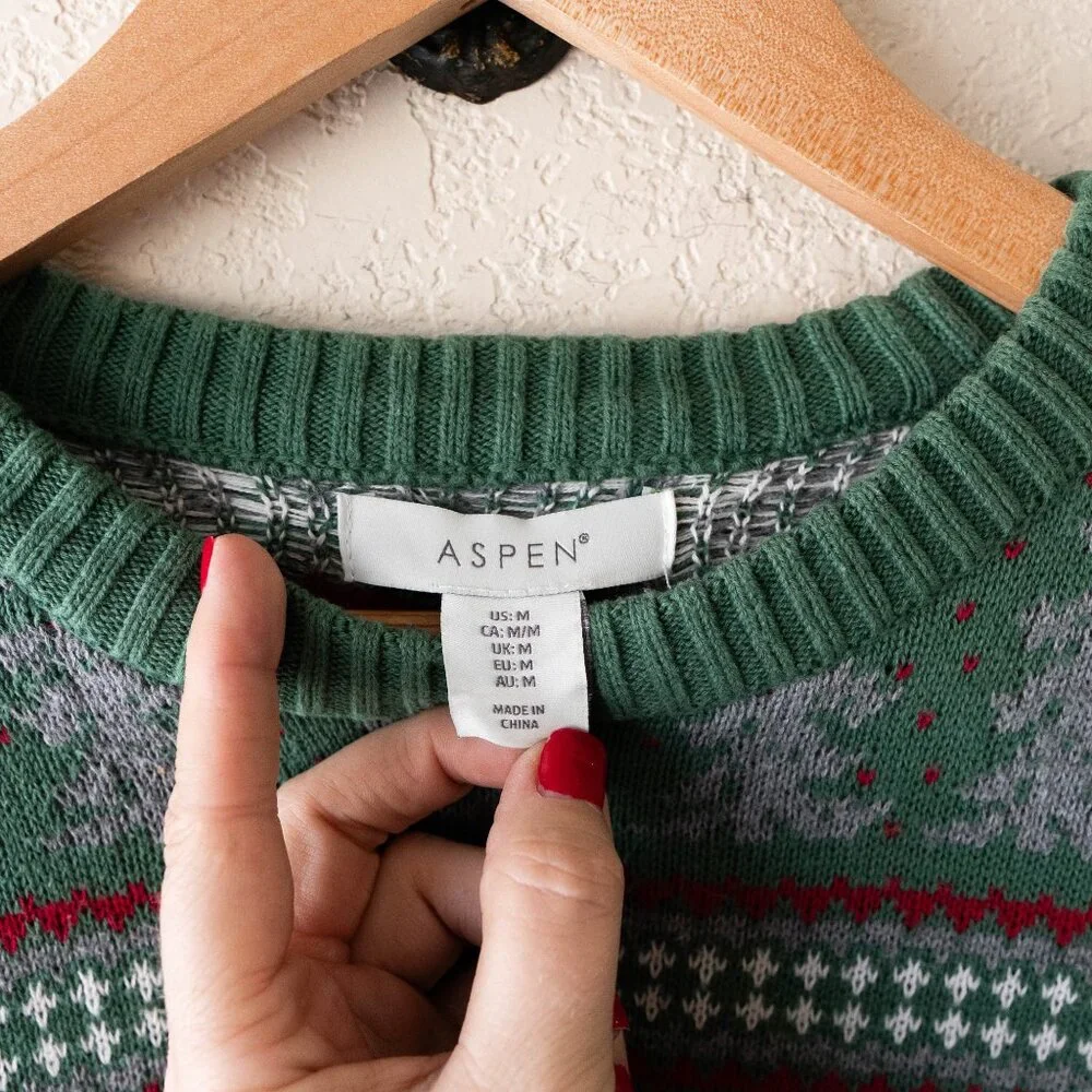 Aspen Men’s Fair Isle Sweater M Green Reindeer Christmas Holiday 100% Cotton